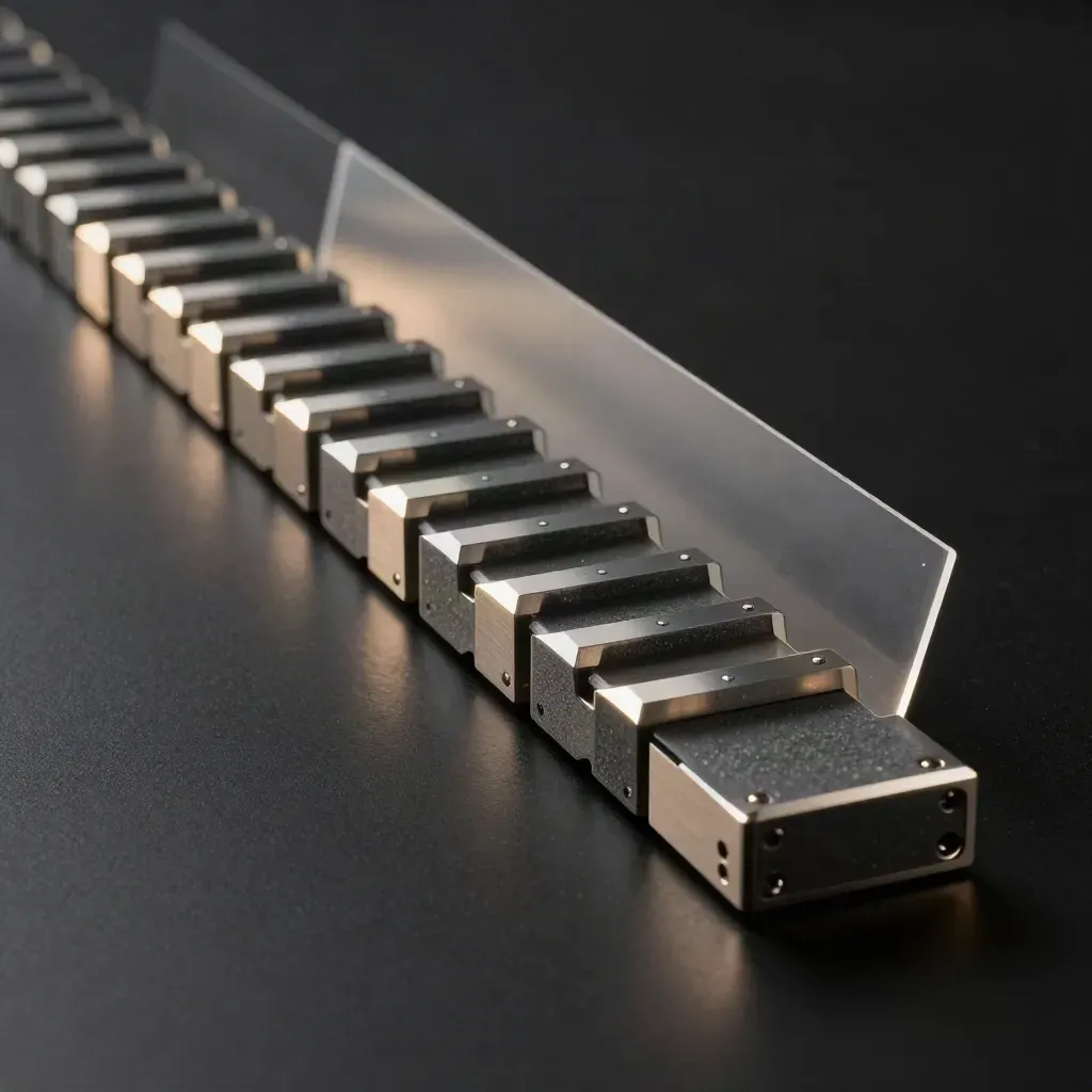 Stepped graphite pipeline module on black surface with cool rim light and haze